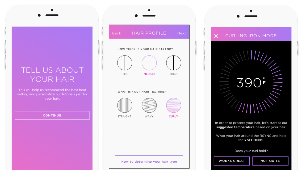 Profile setup: selecting hair thickness and natural wave, then calibrating each mode to the temperature that holds a curl